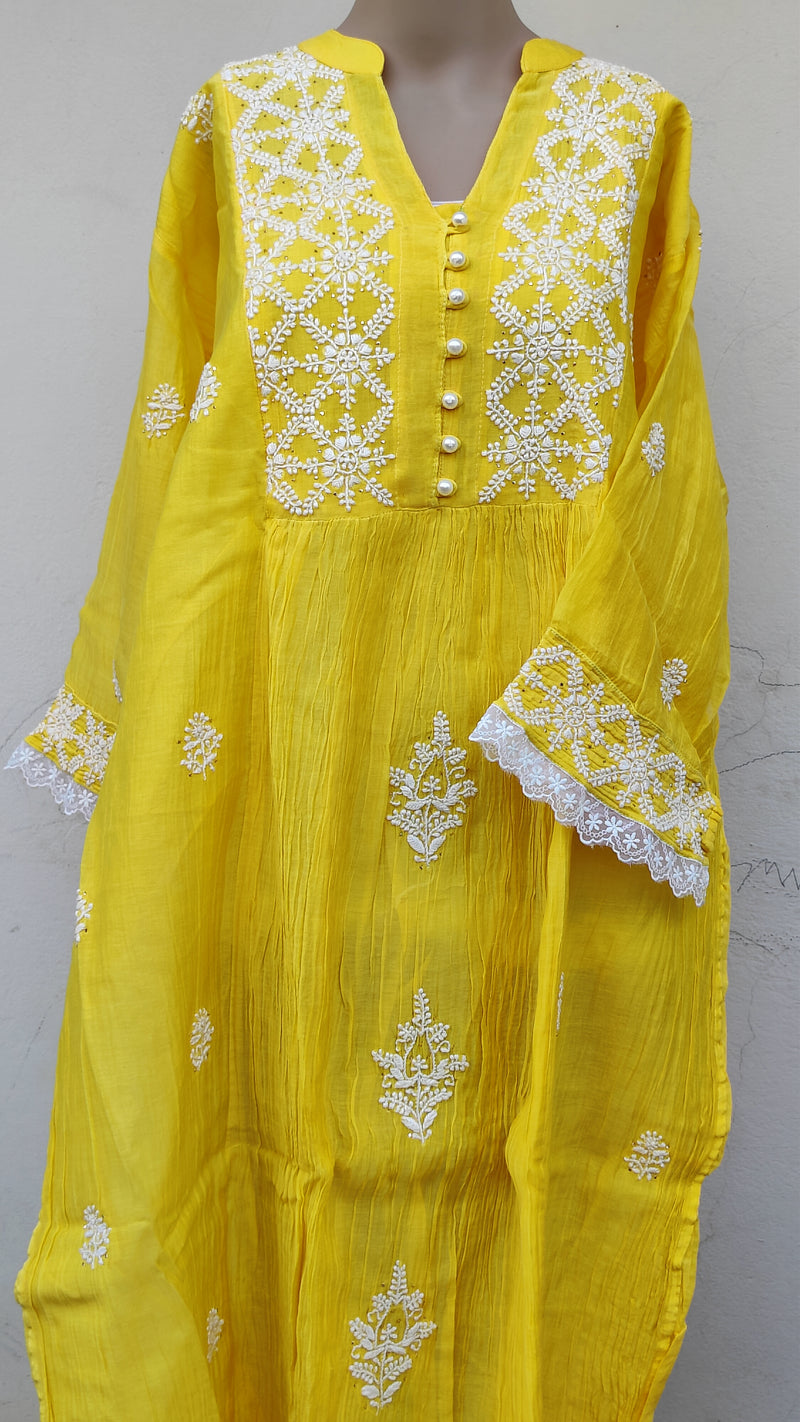 LEAF GREEN MUL CHANDERI KURTA WITH CHIKANKARI - CHANDERI DUPATTA