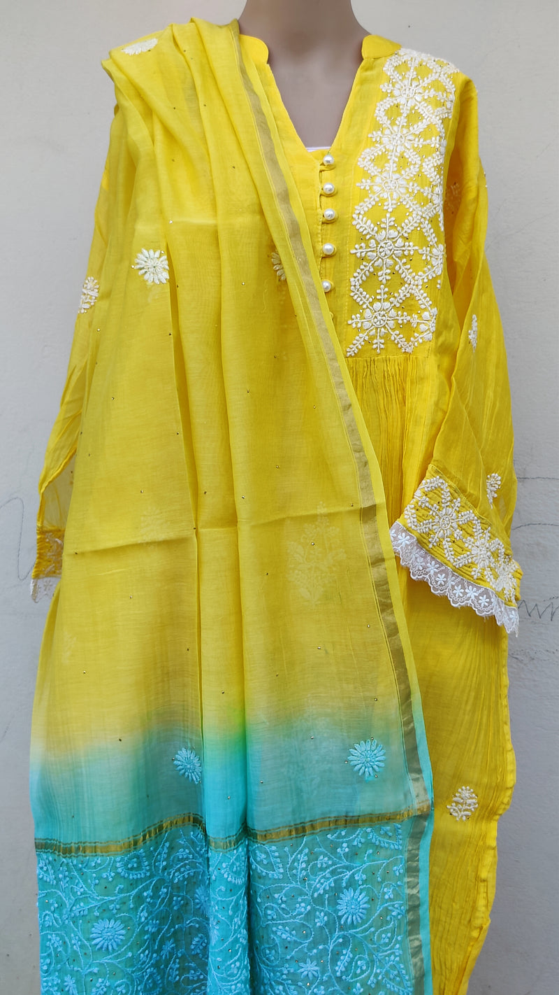 LEAF GREEN MUL CHANDERI KURTA WITH CHIKANKARI - CHANDERI DUPATTA