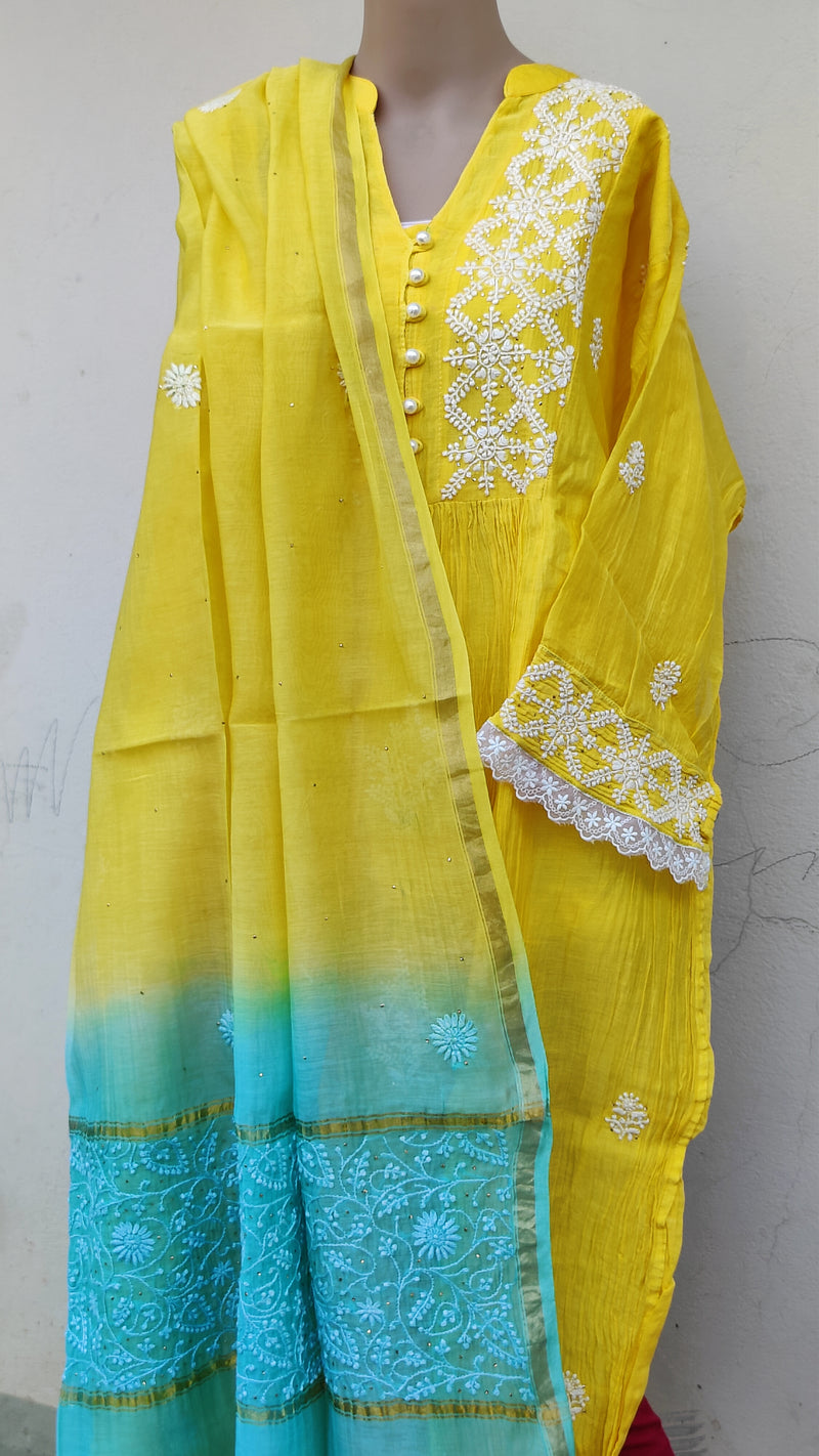 LEAF GREEN MUL CHANDERI KURTA WITH CHIKANKARI - CHANDERI DUPATTA