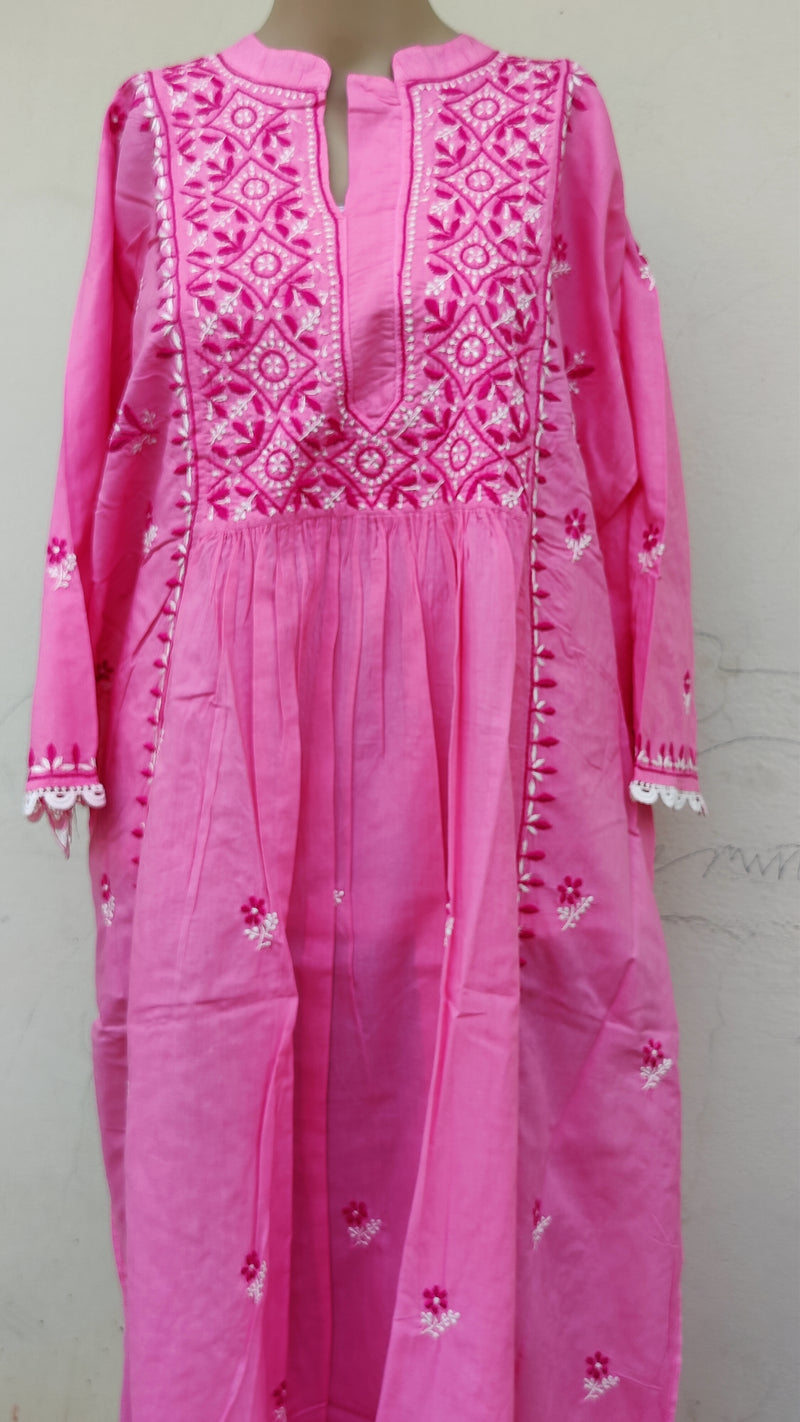 DARK PINK COTTON KURTA WITH CHIKANKARI - MULMUL SHIBORI DUPATTA