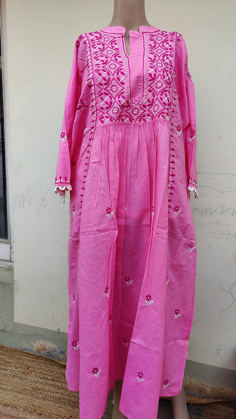 DARK PINK COTTON KURTA WITH CHIKANKARI - MULMUL SHIBORI DUPATTA