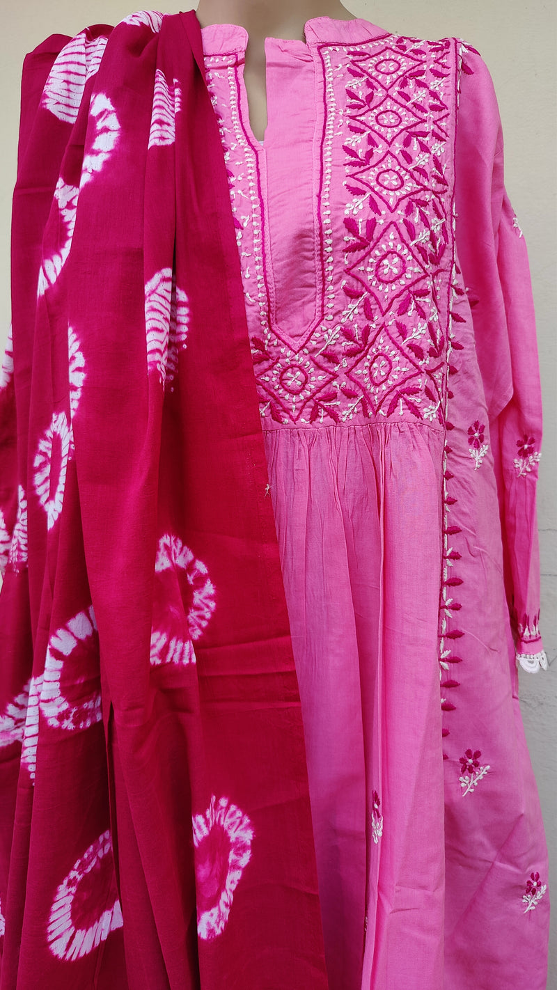 DARK PINK COTTON KURTA WITH CHIKANKARI - MULMUL SHIBORI DUPATTA