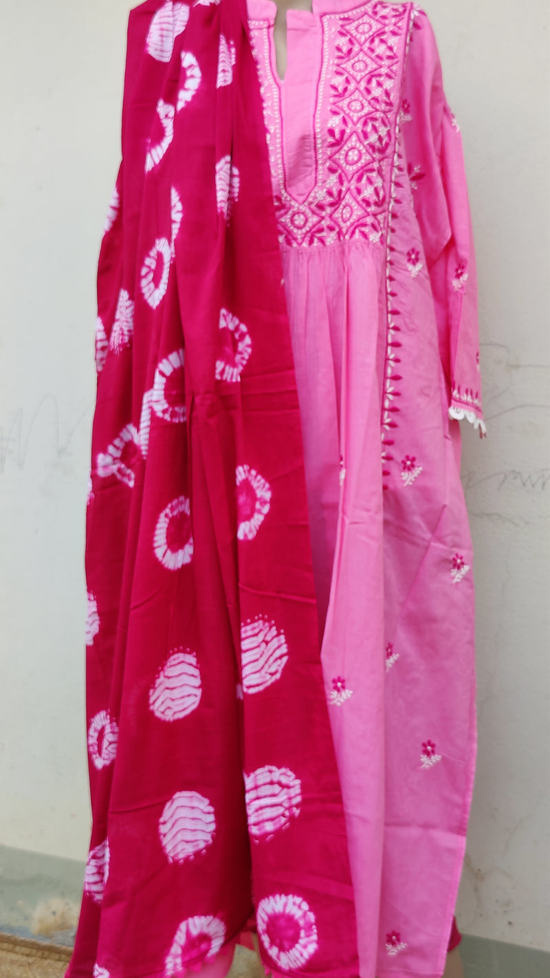 DARK PINK COTTON KURTA WITH CHIKANKARI - MULMUL SHIBORI DUPATTA