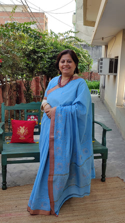 BLUE MANGALGIRI SAREE WITH LIGHT PEACH THREAD CHIKANKARI