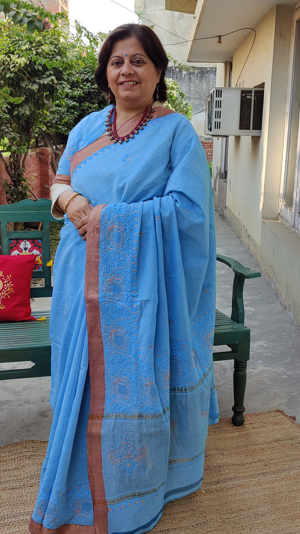 BLUE MANGALGIRI SAREE WITH LIGHT PEACH THREAD CHIKANKARI