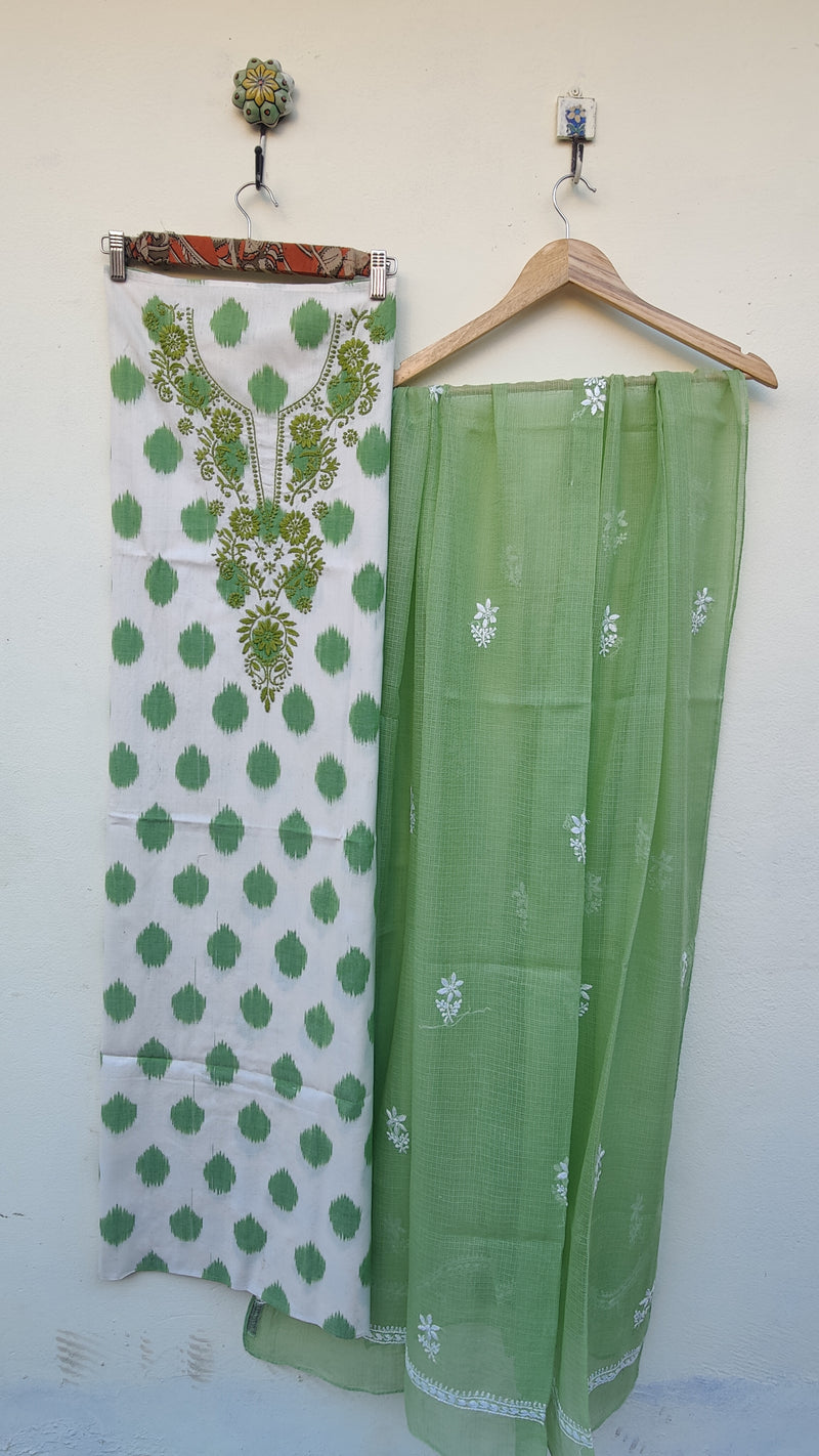 OFF WHITE GREEN IKKAT TRANSLATE WITH CHIKANKARI KURTA - KOTA DUPATTA