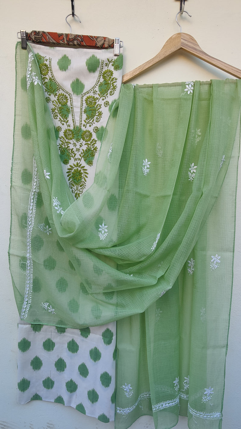 OFF WHITE GREEN IKKAT TRANSLATE WITH CHIKANKARI KURTA - KOTA DUPATTA