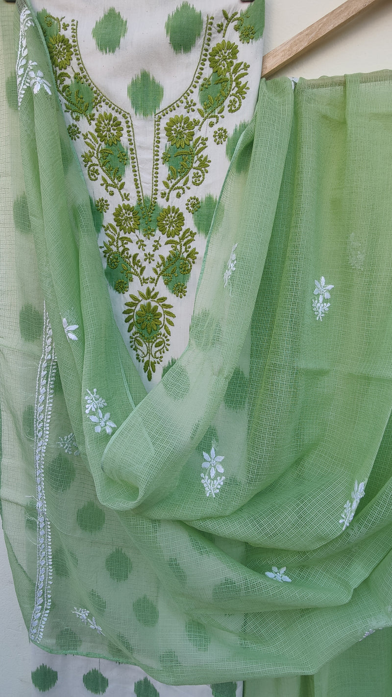 OFF WHITE GREEN IKKAT TRANSLATE WITH CHIKANKARI KURTA - KOTA DUPATTA