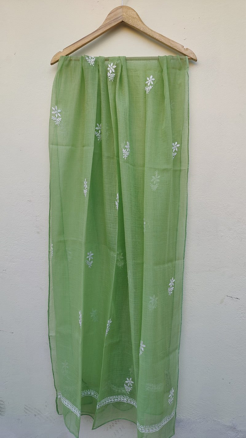 OFF WHITE GREEN IKKAT TRANSLATE WITH CHIKANKARI KURTA - KOTA DUPATTA