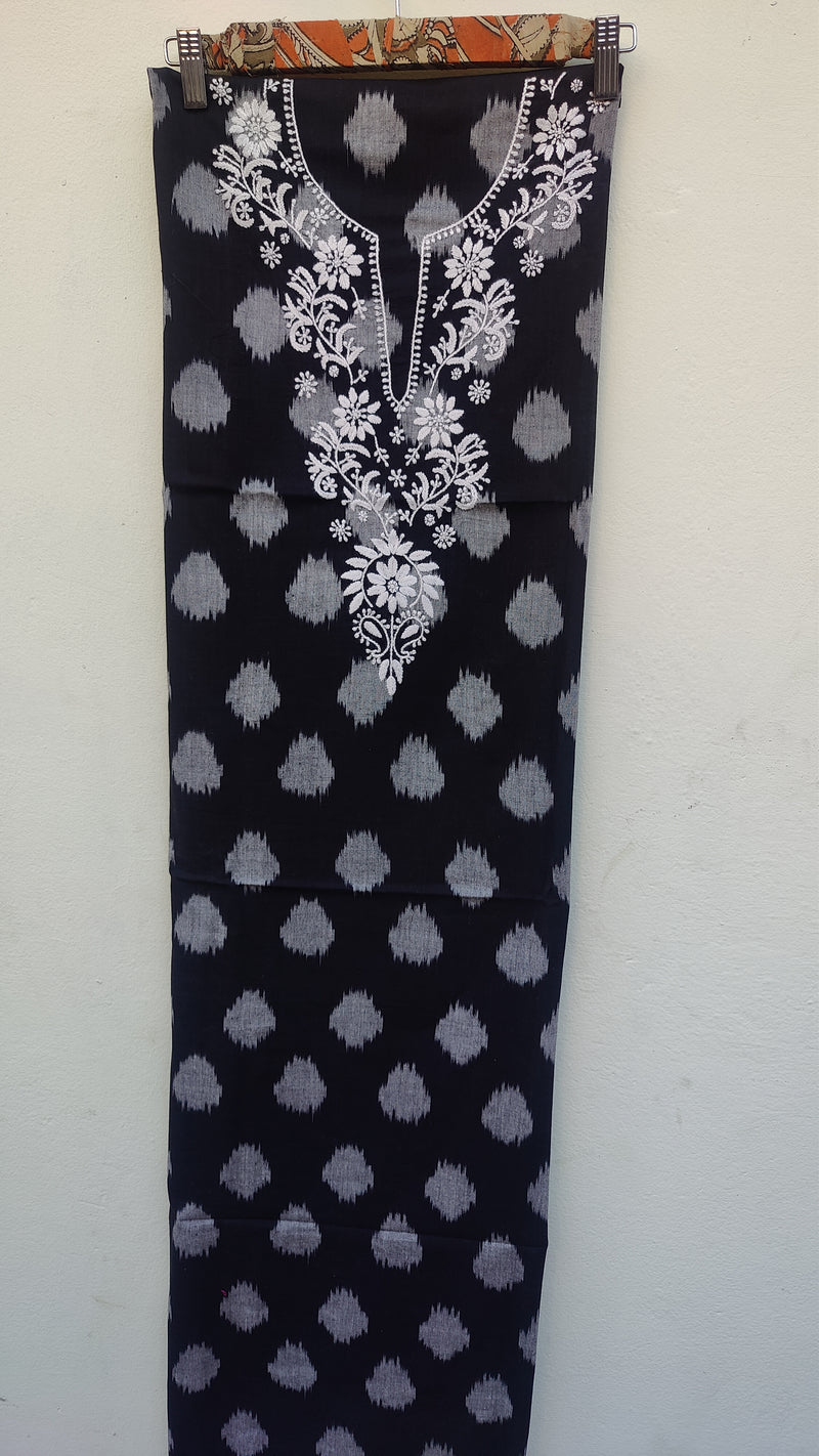 BLACK IKKAT TRANSLATE WITH CHIKANKARI KURTA - KOTA DUPATTA