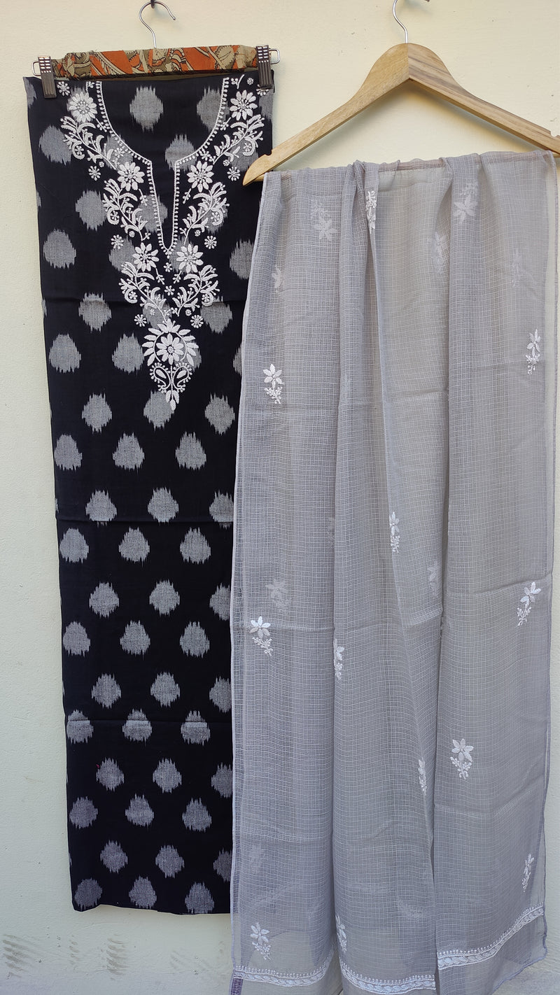 BLACK IKKAT TRANSLATE WITH CHIKANKARI KURTA - KOTA DUPATTA