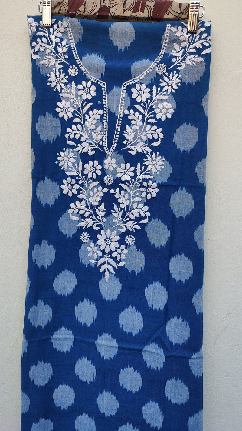 COBALT BLUE IKKAT TRANSLATE WITH CHIKANKARI KURTA - KOTA DUPATTA