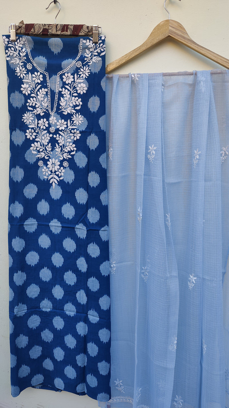 COBALT BLUE IKKAT TRANSLATE WITH CHIKANKARI KURTA - KOTA DUPATTA