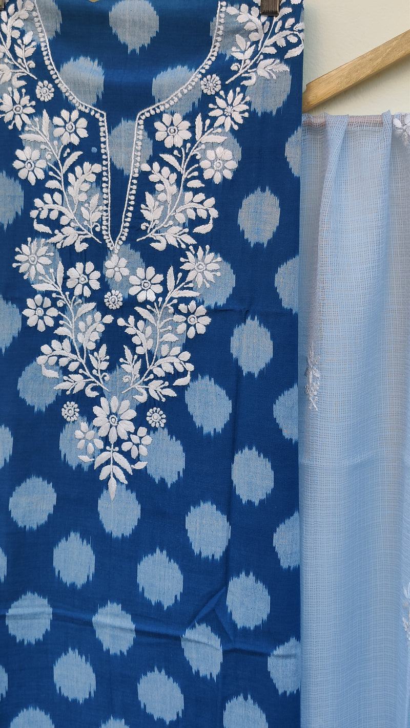 COBALT BLUE IKKAT TRANSLATE WITH CHIKANKARI KURTA - KOTA DUPATTA