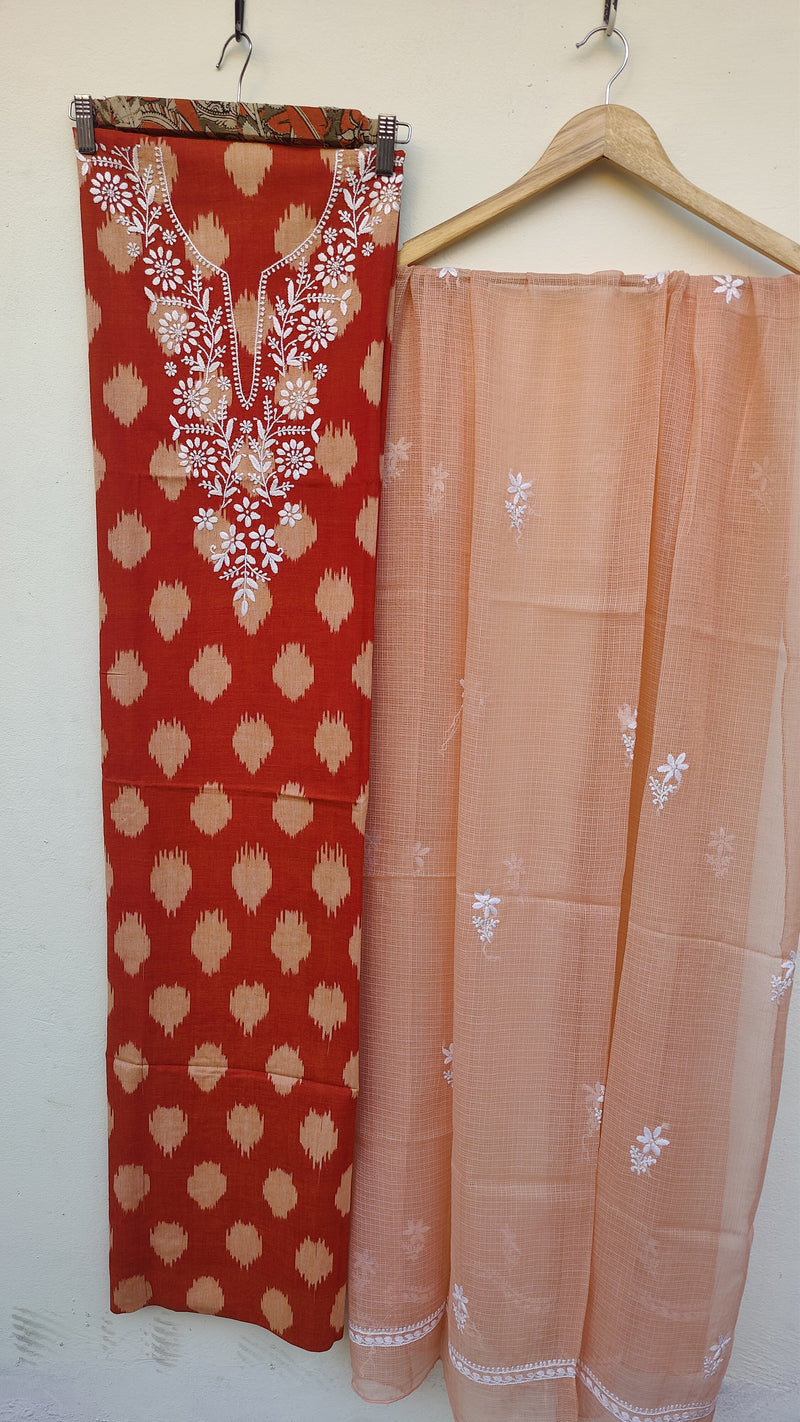 RUST IKKAT TRANSLATE WITH CHIKANKARI KURTA - KOTA DUPATTA.