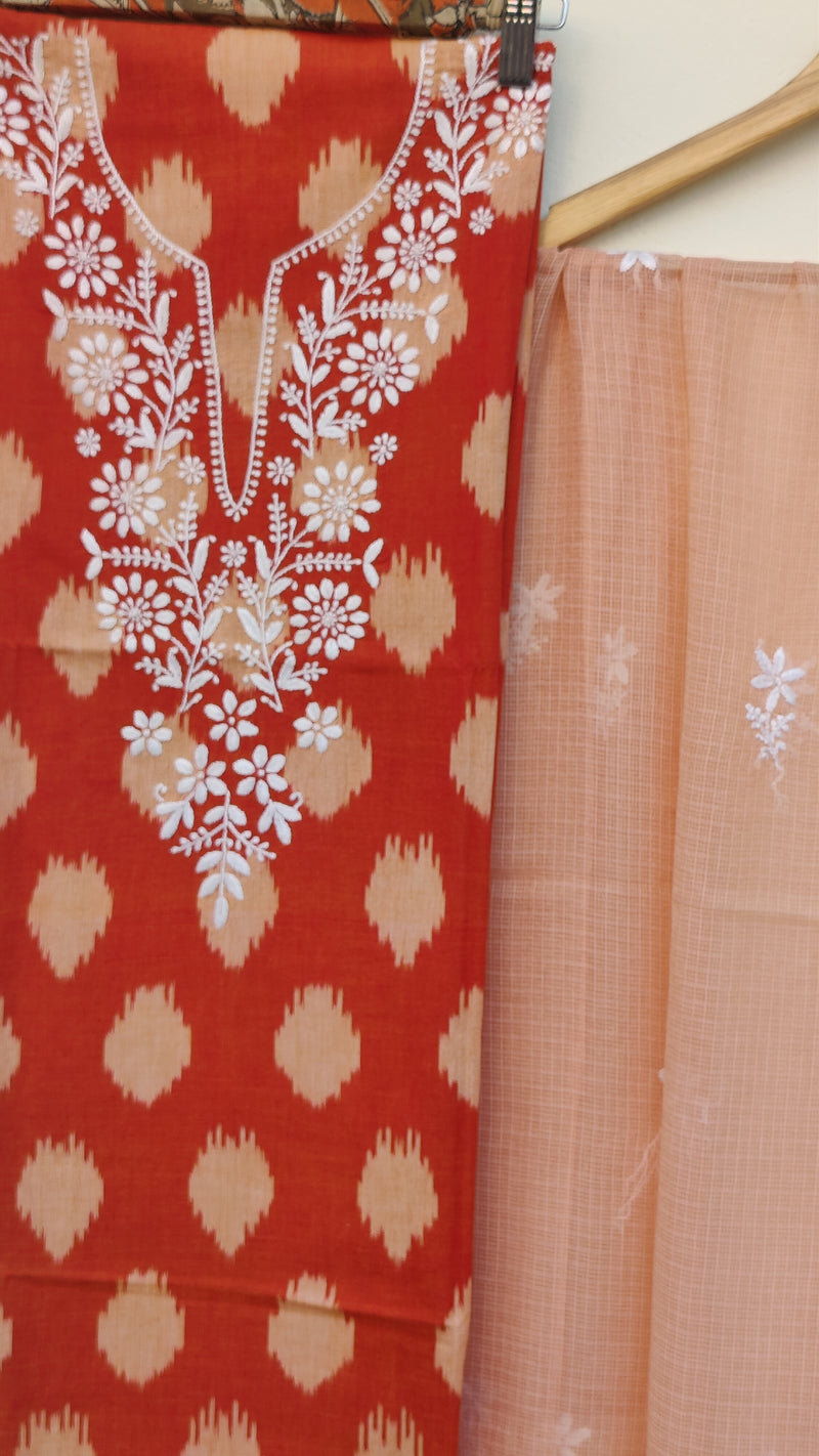 RUST IKKAT TRANSLATE WITH CHIKANKARI KURTA - KOTA DUPATTA.