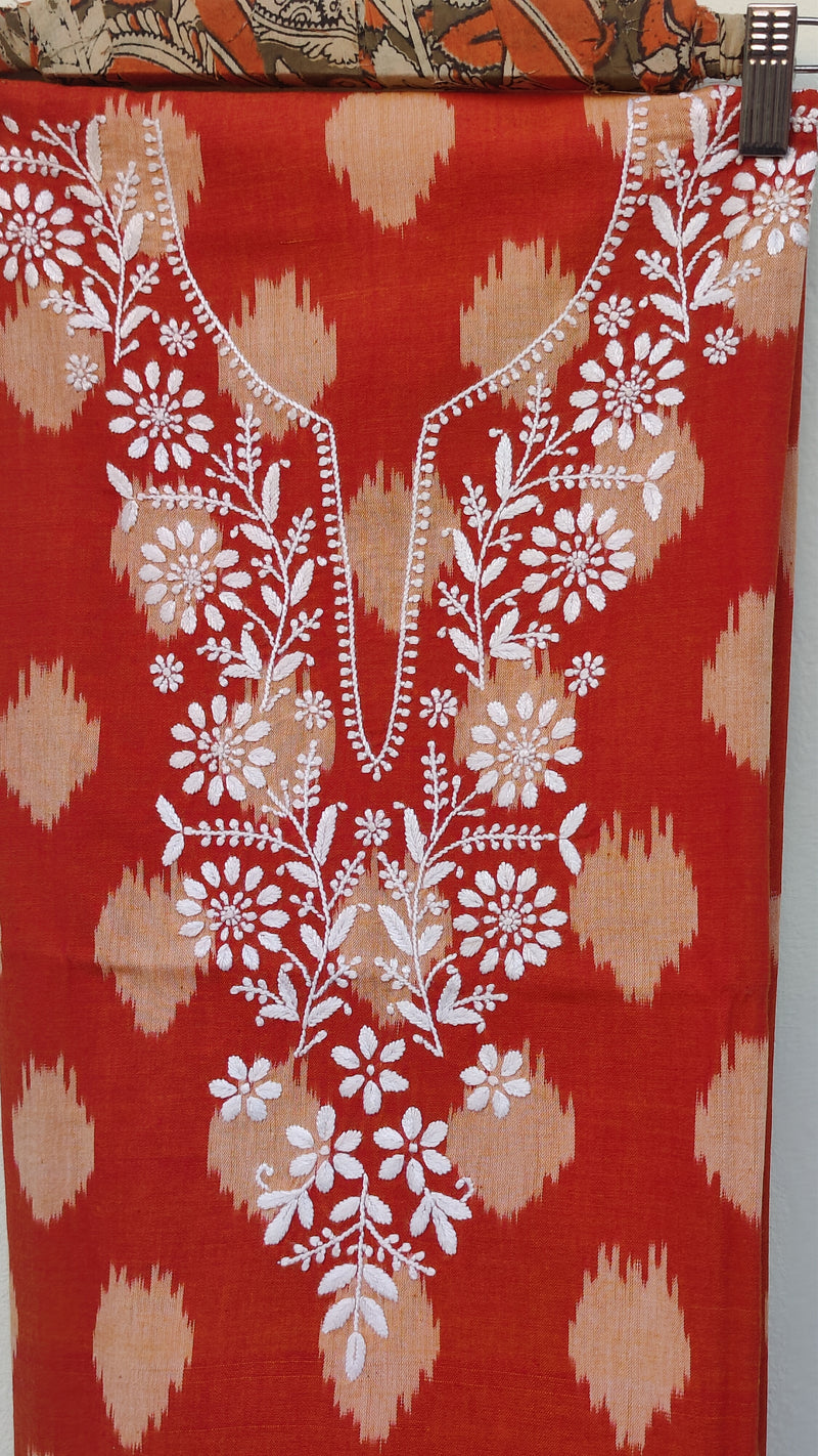 RUST IKKAT TRANSLATE WITH CHIKANKARI KURTA - KOTA DUPATTA.