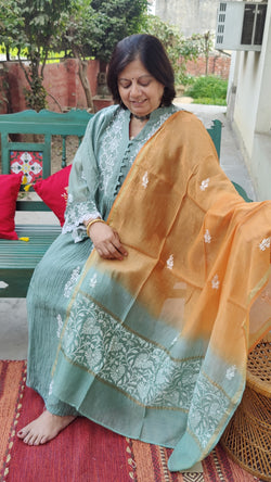 SEAGREEN MUL CHANDERI KURTA WITH CHIKANKARI - CHANDERI DUPATTA