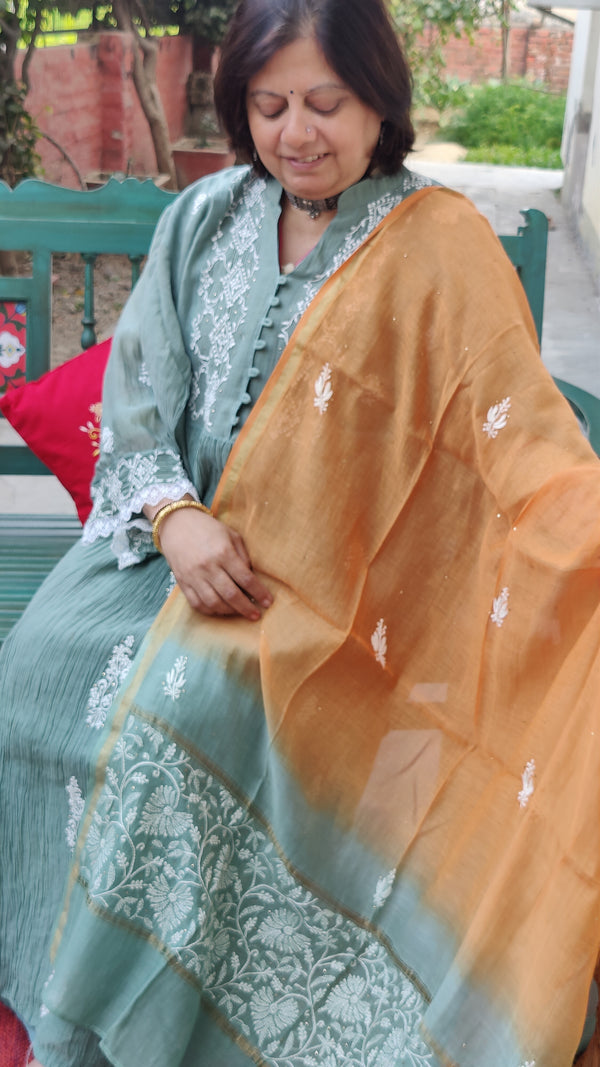 SEAGREEN MUL CHANDERI KURTA WITH CHIKANKARI - CHANDERI DUPATTA