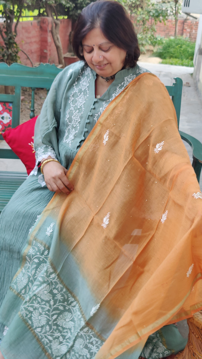 SEAGREEN MUL CHANDERI KURTA WITH CHIKANKARI - CHANDERI DUPATTA