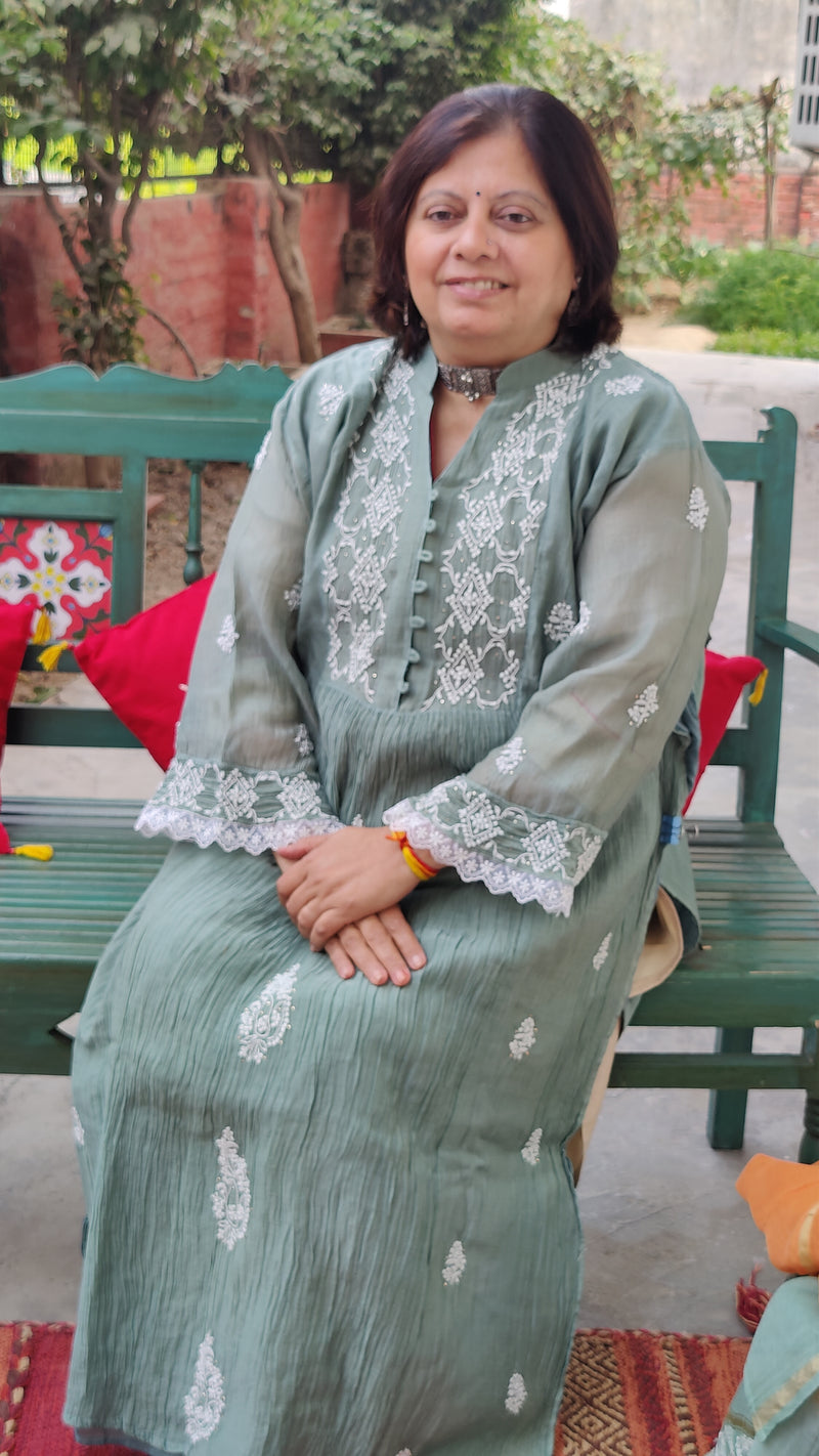 SEAGREEN MUL CHANDERI KURTA WITH CHIKANKARI - CHANDERI DUPATTA