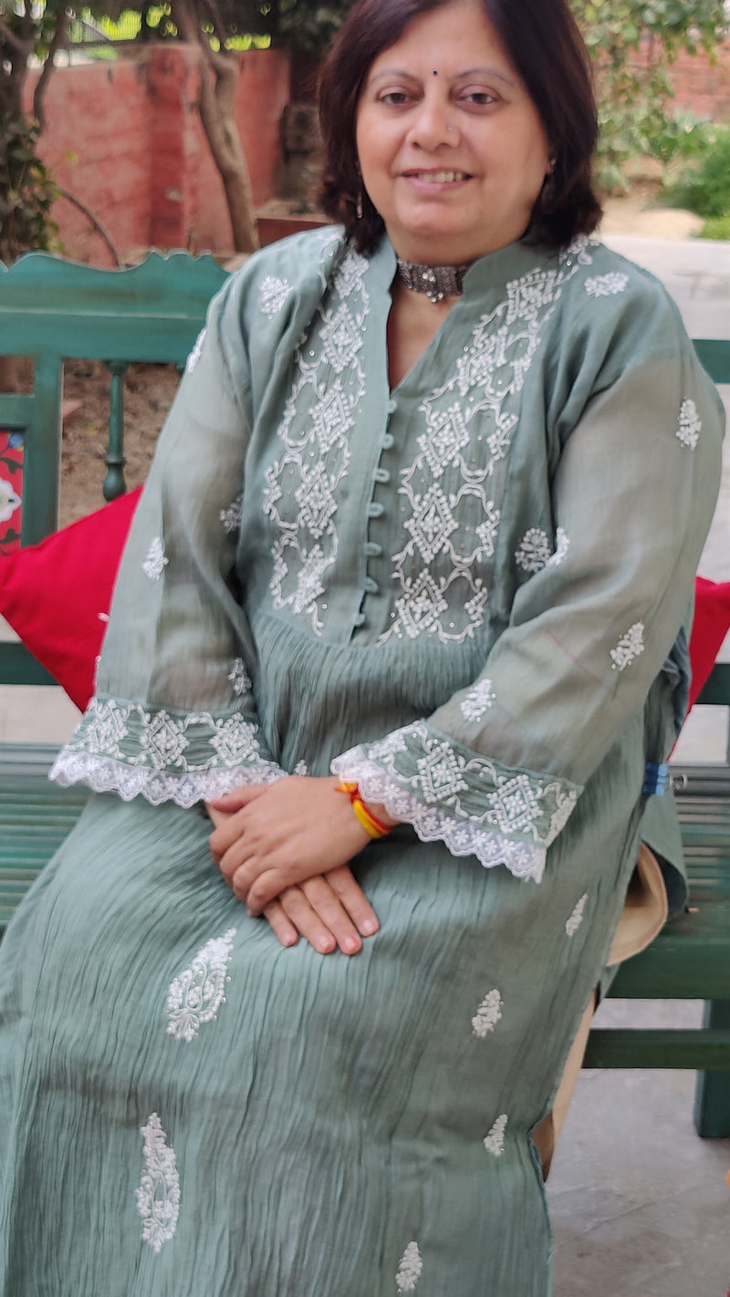 SEAGREEN MUL CHANDERI KURTA WITH CHIKANKARI - CHANDERI DUPATTA