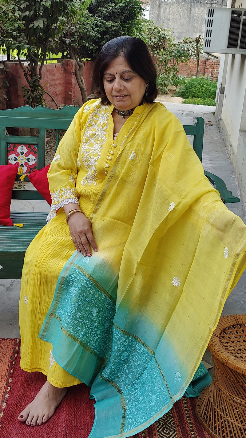 YELLOW MUL CHANDERI KURTA WITH CHIKANKARI - CHANDERI DUPATTA