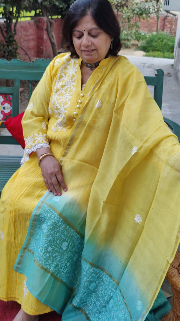 YELLOW MUL CHANDERI KURTA WITH CHIKANKARI - CHANDERI DUPATTA