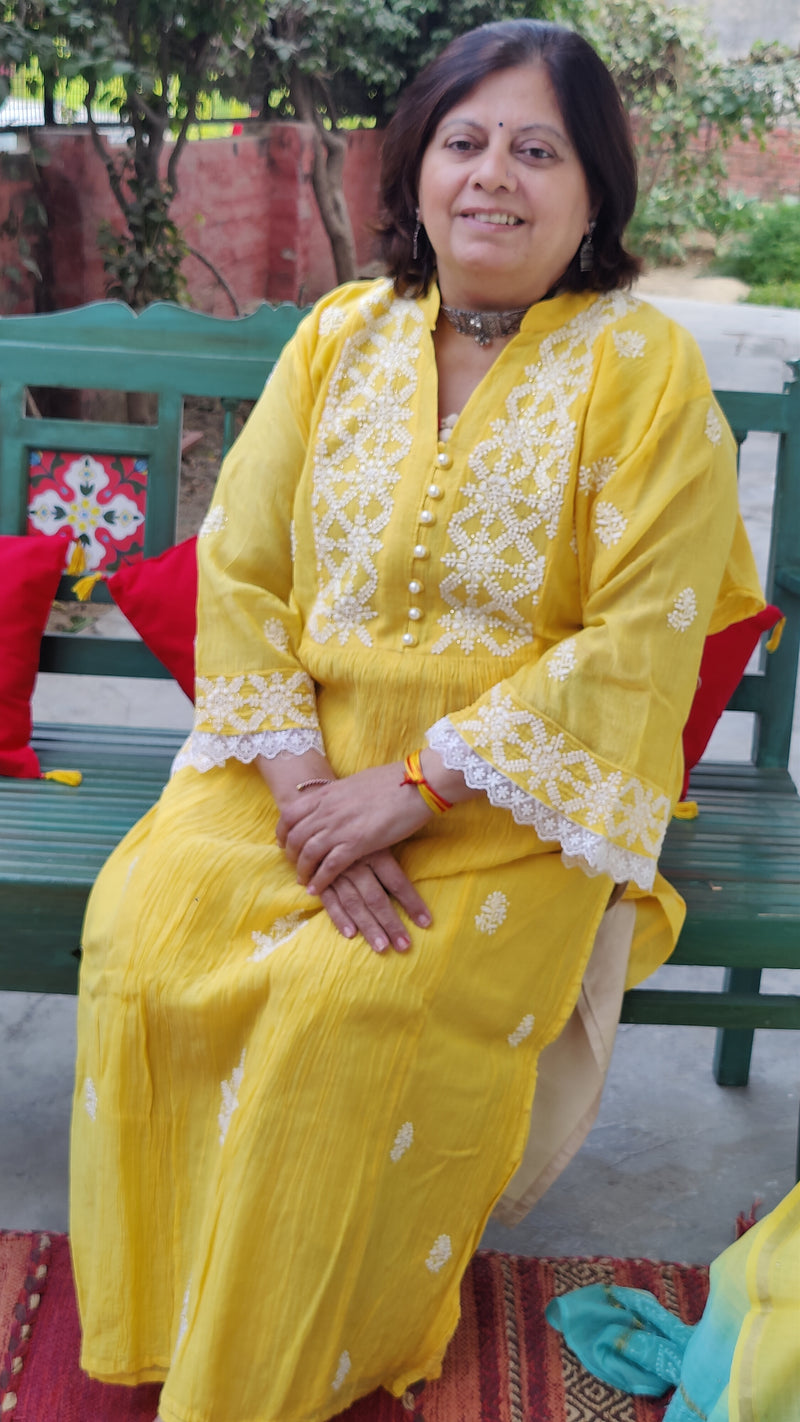 YELLOW MUL CHANDERI KURTA WITH CHIKANKARI - CHANDERI DUPATTA