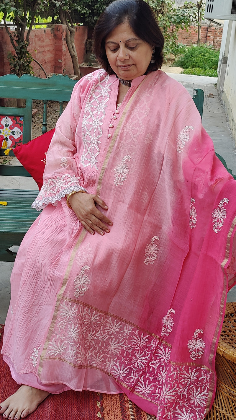 PINK MUL CHANDERI KURTA WITH CHIKANKARI - CHANDERI DUPATTA