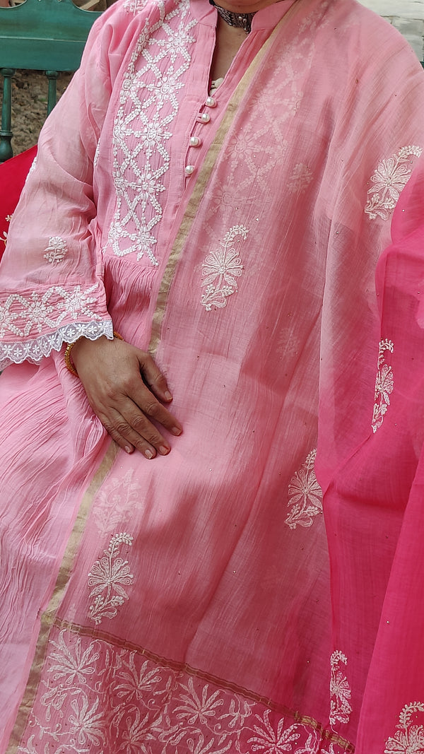 PINK MUL CHANDERI KURTA WITH CHIKANKARI - CHANDERI DUPATTA