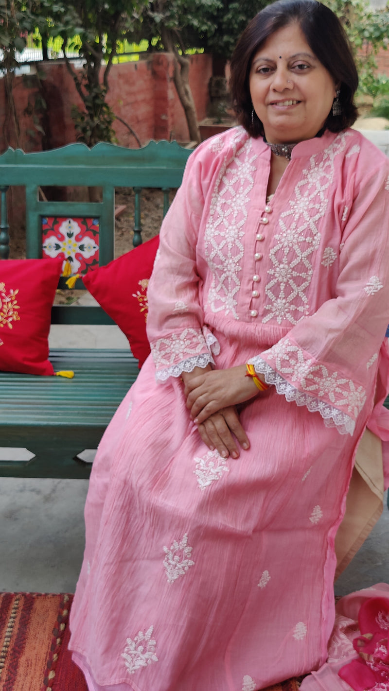 PINK MUL CHANDERI KURTA WITH CHIKANKARI - CHANDERI DUPATTA