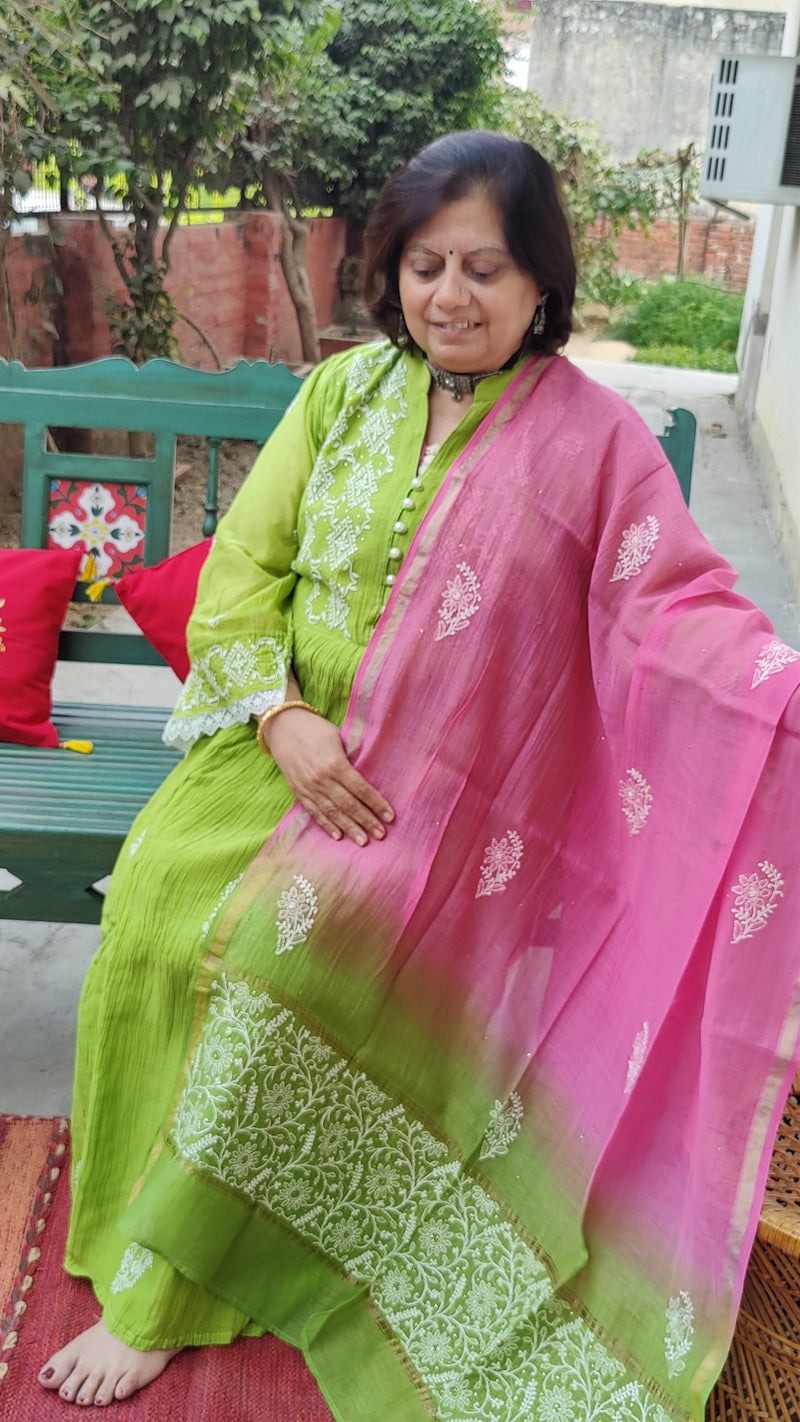 LEAF GREEN MUL CHANDERI KURTA WITH CHIKANKARI - CHANDERI DUPATTA