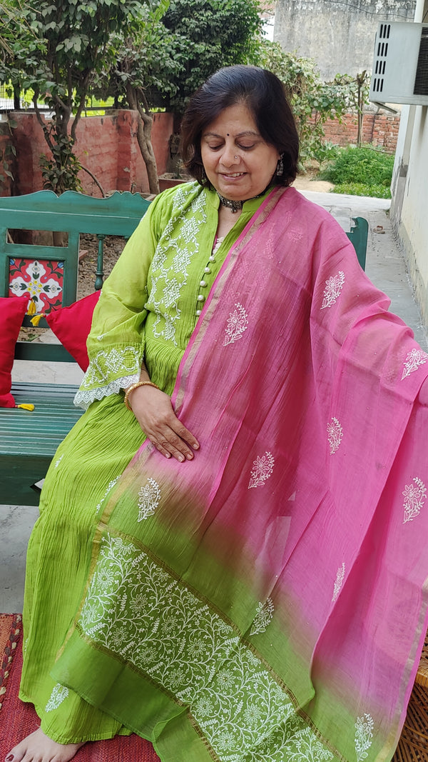 LEAF GREEN MUL CHANDERI KURTA WITH CHIKANKARI - CHANDERI DUPATTA