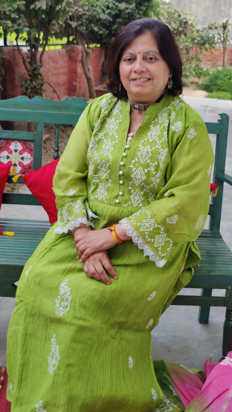 LEAF GREEN MUL CHANDERI KURTA WITH CHIKANKARI - CHANDERI DUPATTA