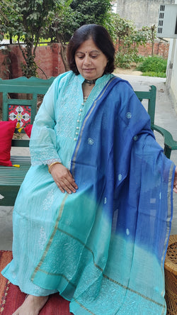 BABY BLUE MUL CHANDERI KURTA WITH CHIKANKARI - CHANDERI DUPATTA