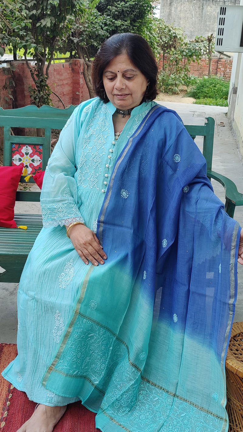 BABY BLUE MUL CHANDERI KURTA WITH CHIKANKARI - CHANDERI DUPATTA