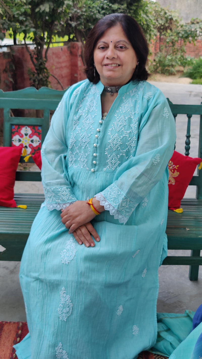 BABY BLUE MUL CHANDERI KURTA WITH CHIKANKARI - CHANDERI DUPATTA