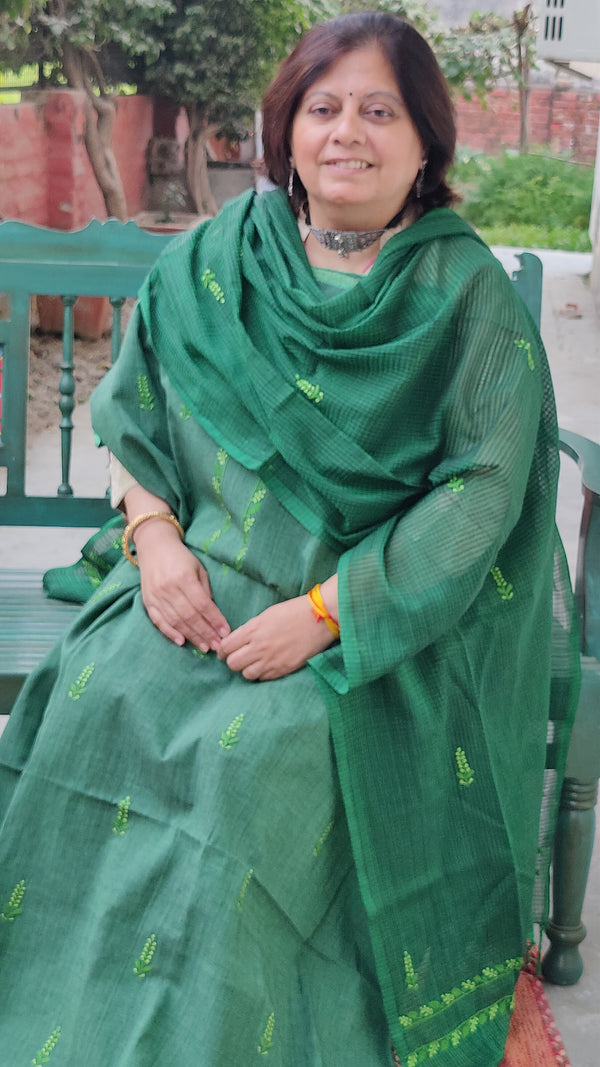 SHORT COLOUR GREEN MANGALGIRI KURTA DUPATTA - WITH CHIKANKARI