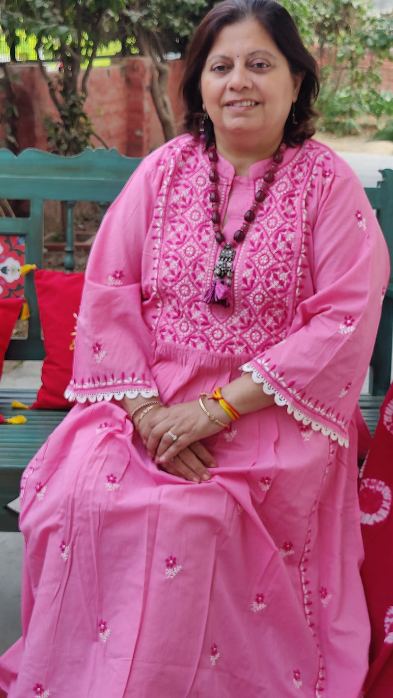 DARK PINK COTTON KURTA WITH CHIKANKARI - MULMUL SHIBORI DUPATTA