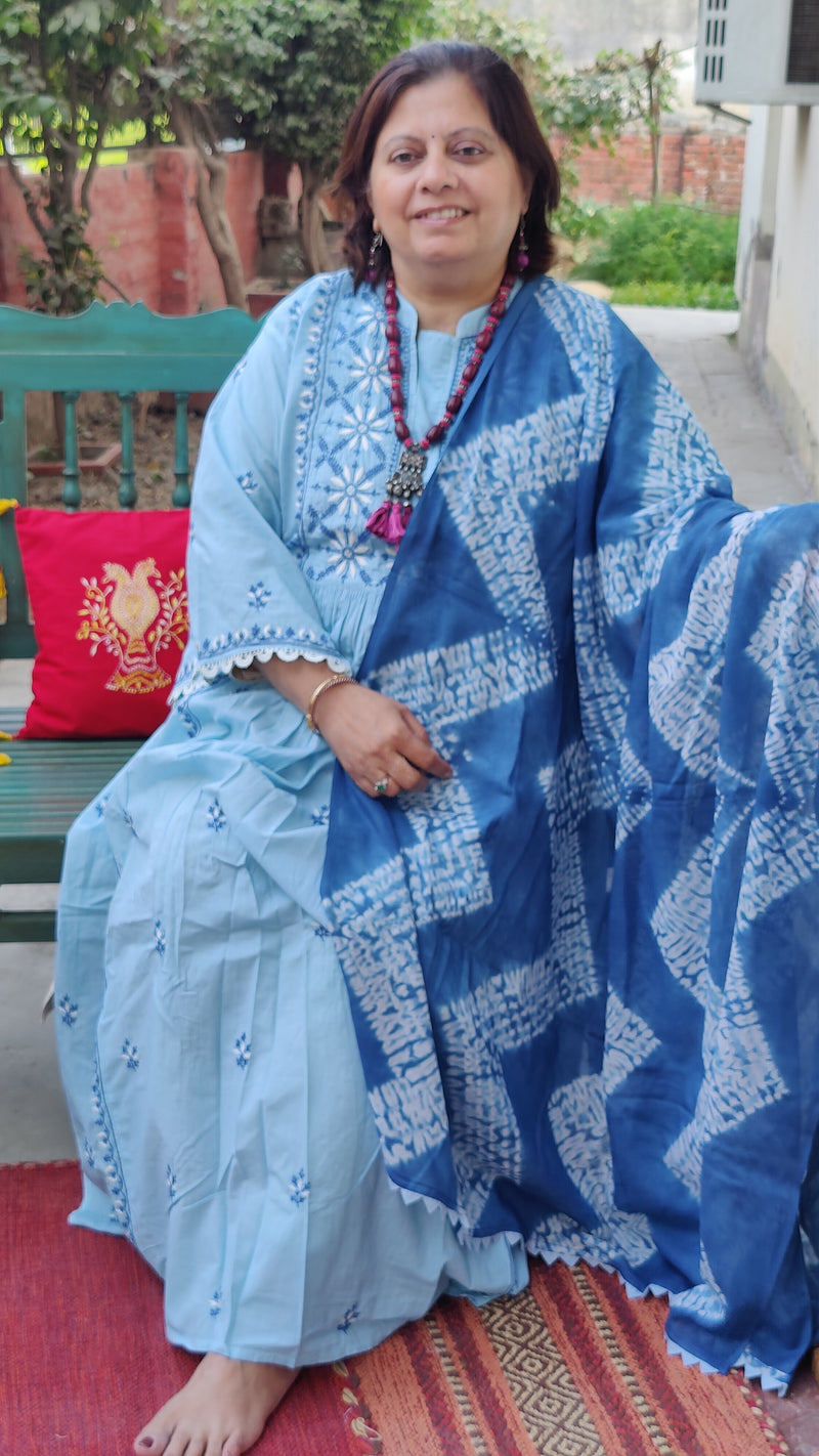 BUTTERFLY BLUE  COTTON KURTA WITH CHIKANKARI - MULMUL SHIBORI DUPATTA