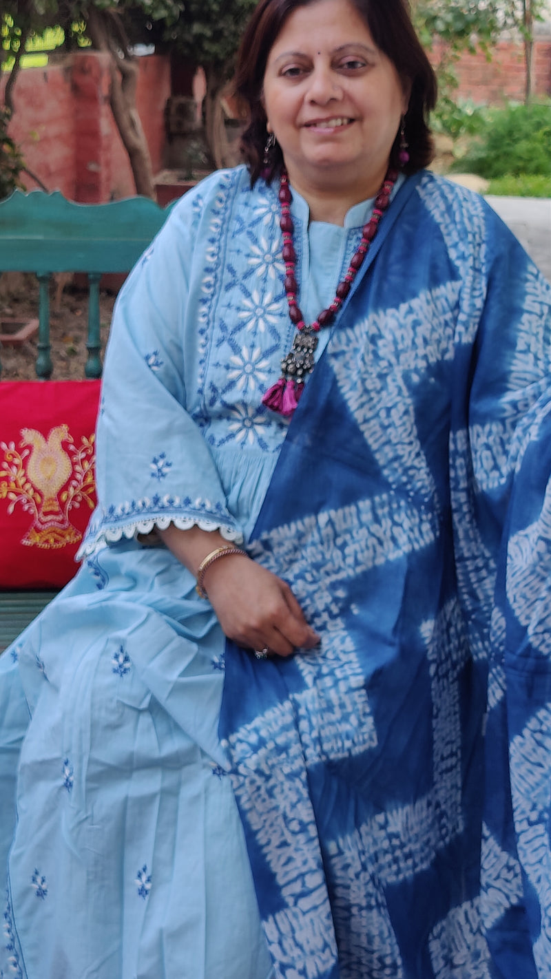 BUTTERFLY BLUE  COTTON KURTA WITH CHIKANKARI - MULMUL SHIBORI DUPATTA