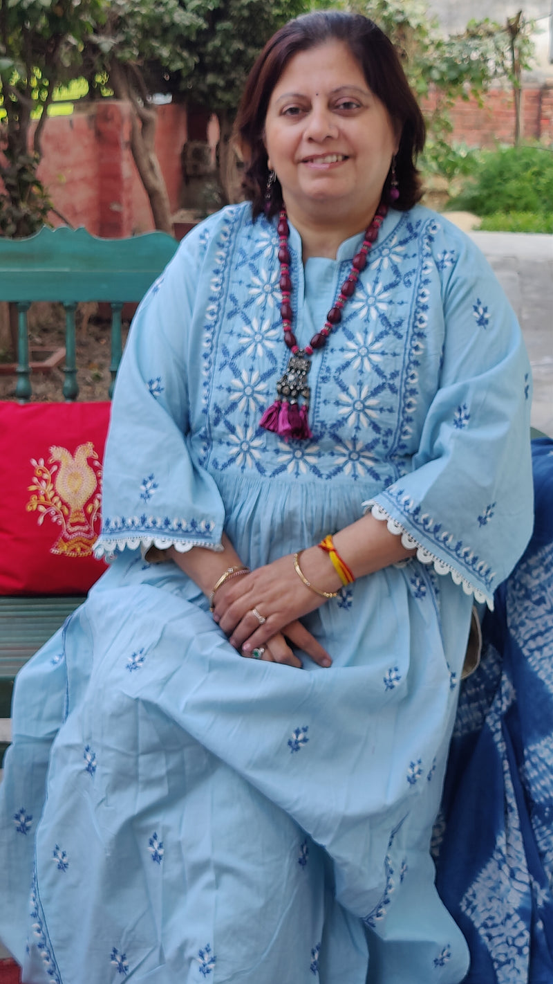 BUTTERFLY BLUE  COTTON KURTA WITH CHIKANKARI - MULMUL SHIBORI DUPATTA