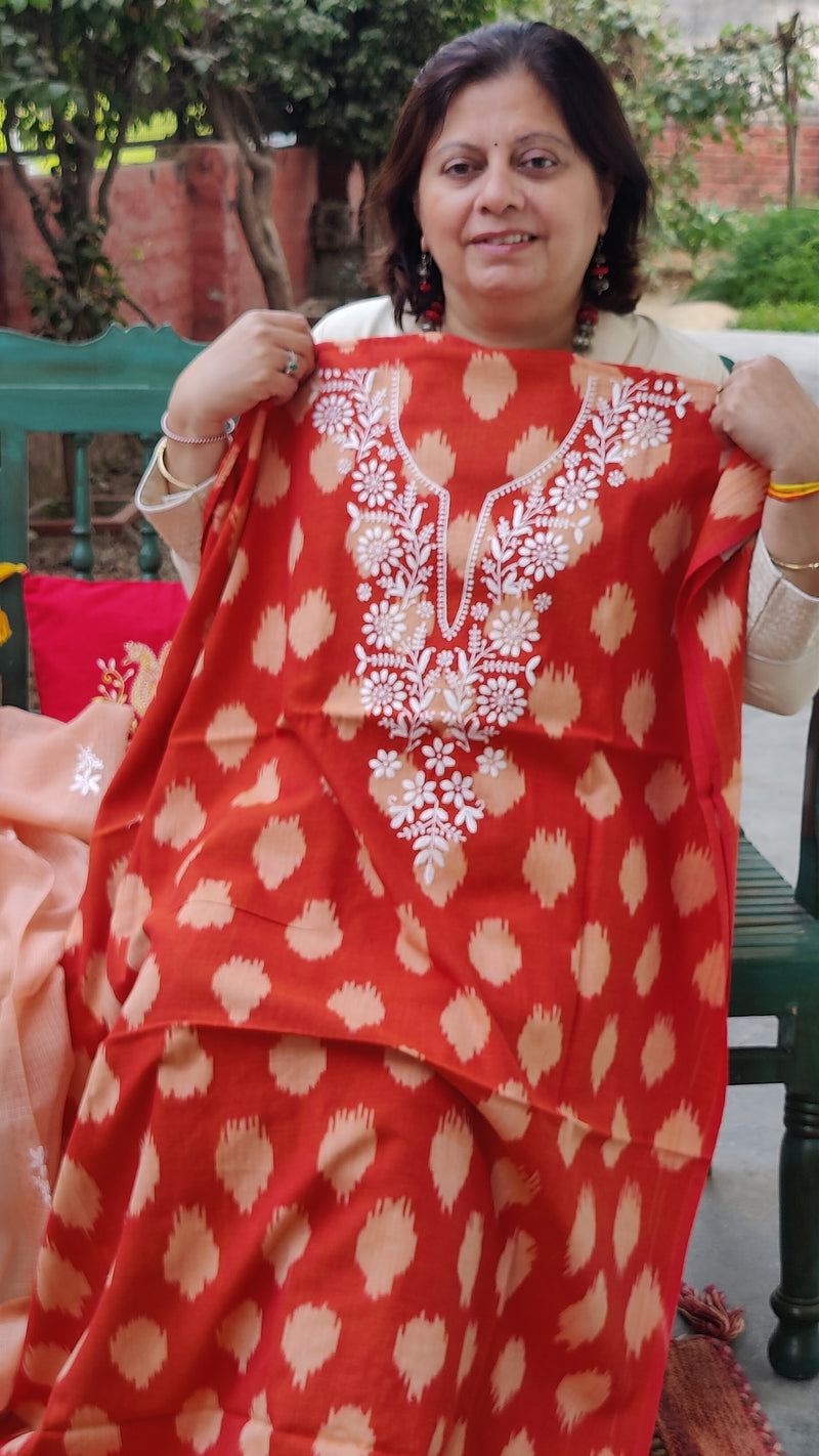 RUST IKKAT TRANSLATE WITH CHIKANKARI KURTA - KOTA DUPATTA.