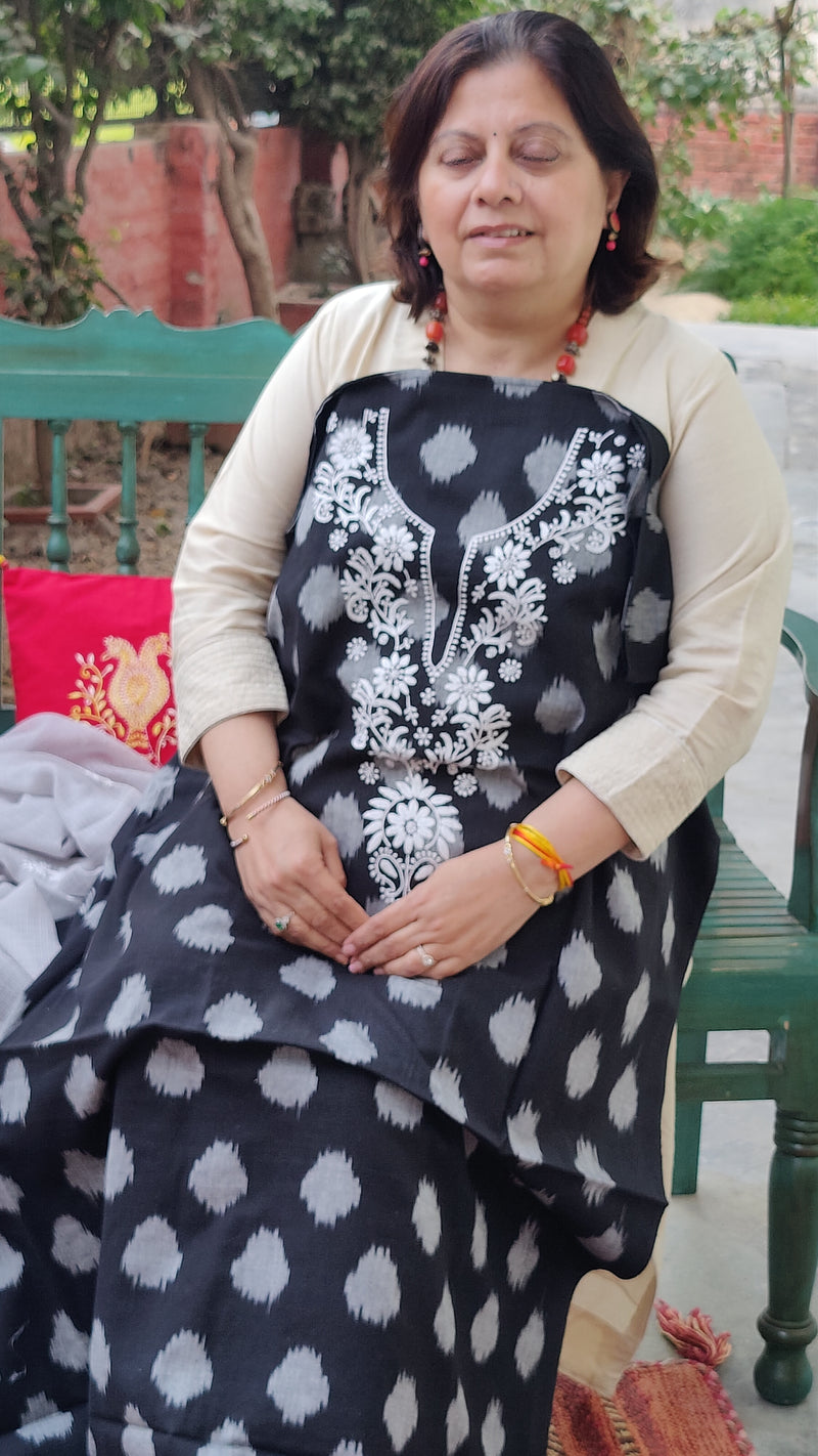 BLACK IKKAT TRANSLATE WITH CHIKANKARI KURTA - KOTA DUPATTA