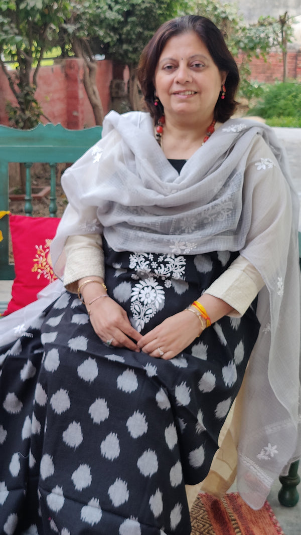 BLACK IKKAT TRANSLATE WITH CHIKANKARI KURTA - KOTA DUPATTA