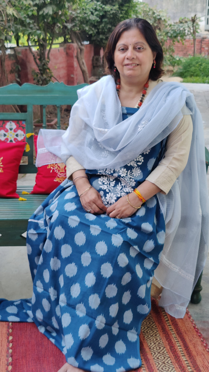 COBALT BLUE IKKAT TRANSLATE WITH CHIKANKARI KURTA - KOTA DUPATTA