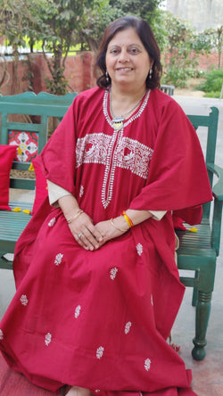 RED MANGALGIRI LINES KURTA WITH CHIKANKARI