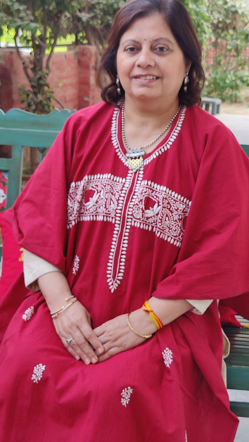 RED MANGALGIRI LINES KURTA WITH CHIKANKARI