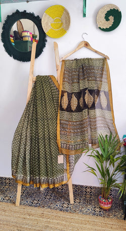 DULL GREEN KOTA COTTON DABU BLOCK PRINT SAREE